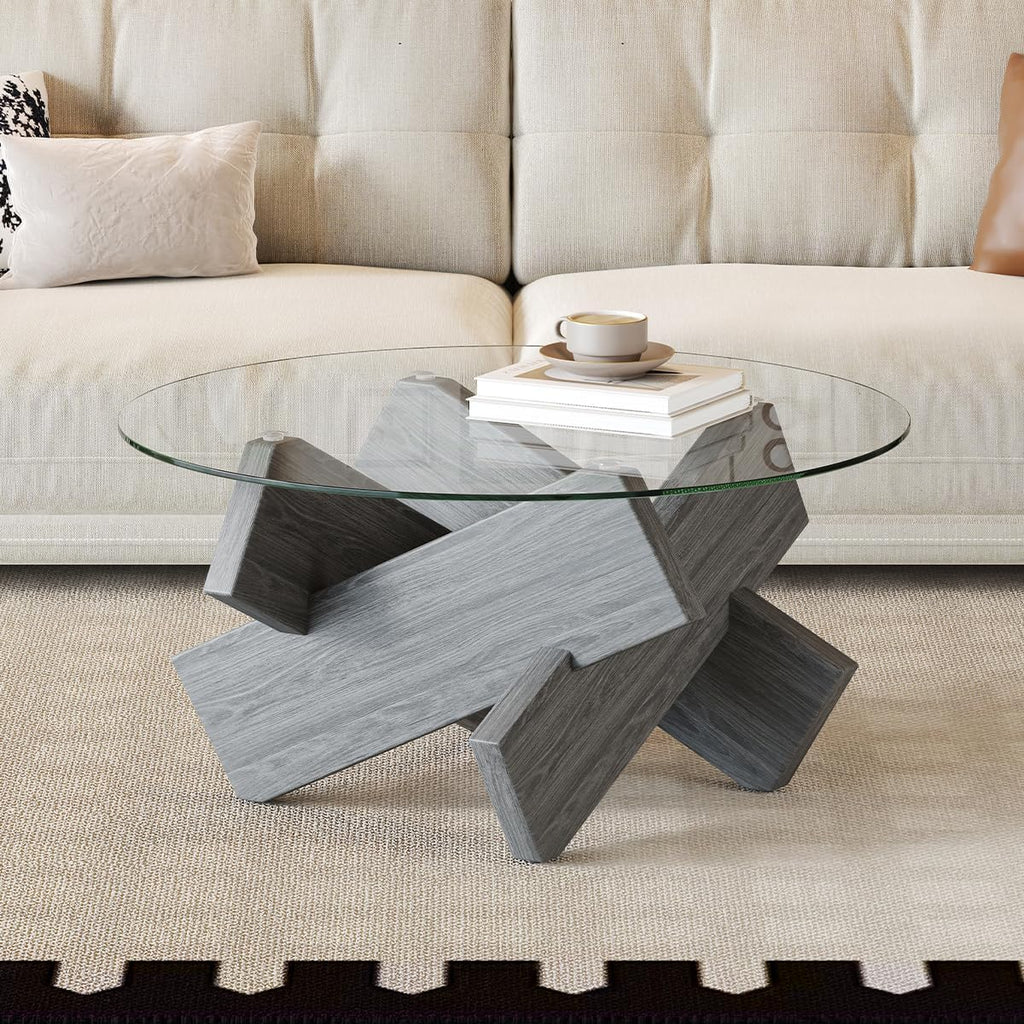 Gray Round Glass Coffee Table,33-Inch Coffee Tables for Living Room Clear Circle Accent Table Adapts to Farmhouse and Contemporary Decor