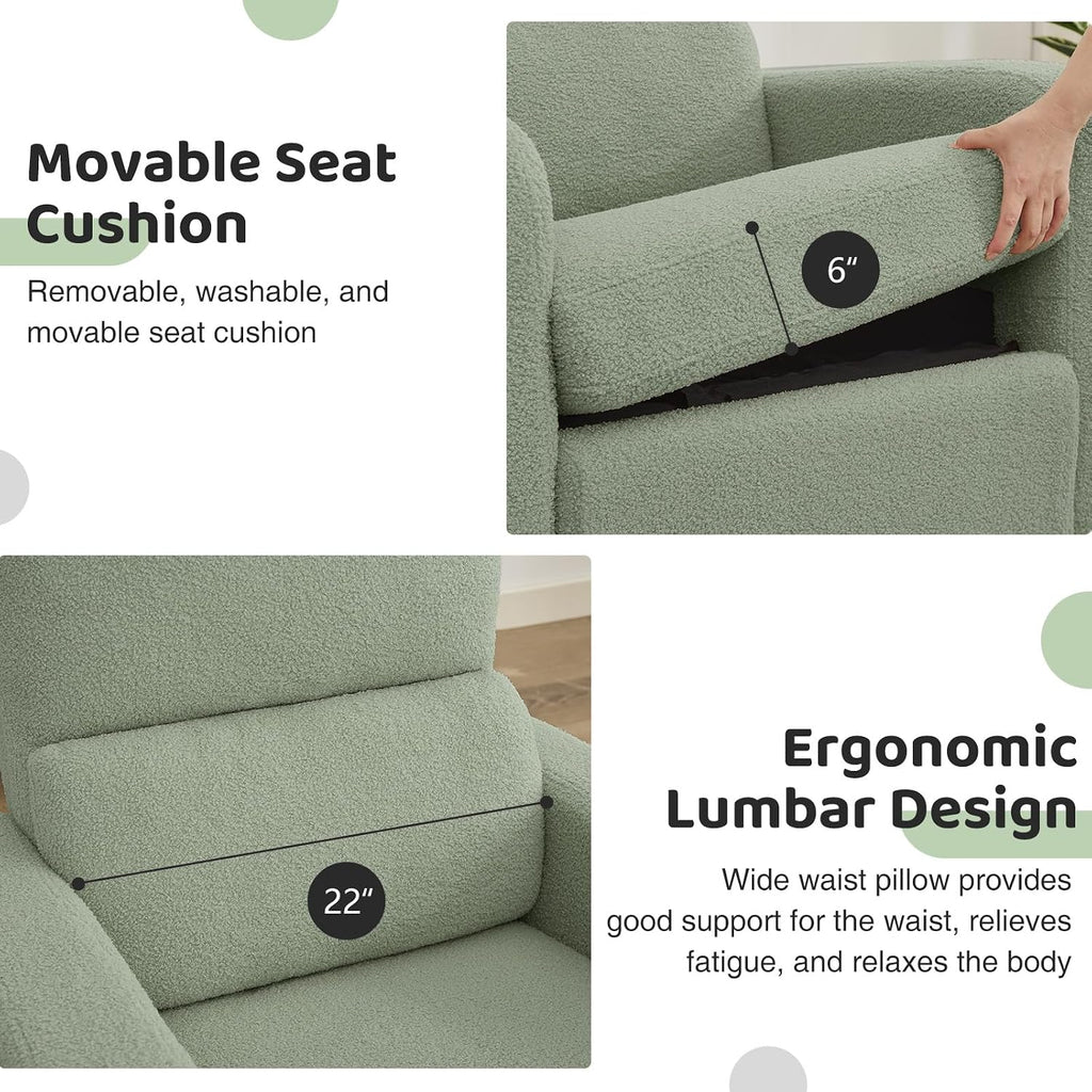Swivel Rocker Recliner, Oversized Manual Boucle Nursery Glider Rocking Recliner Chair with Removable Cushion, Upholstered Teddy Swivel Reclining Chair for Nursery Living Room Bedroom, Green