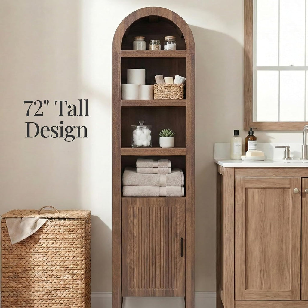 Best Choice Products 72" Tall Narrow Arched Pantry Cabinet w/Reeded Door, 4-Tier Bookshelf, Armoire, Hutch, Bookcase, Storage Cabinet w/Adjustable Shelves, for Dining Room and Livingroom - Walnut