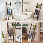 6-Tier Blanket Ladder for Living Room, 5.6FT Pine Wood Quilt Rack with 4 Anti-Slip Straps and 4 Removable Hooks, Lightweight, Easy Assembly, Hinged Design, Farmhouse Decorative Shelf