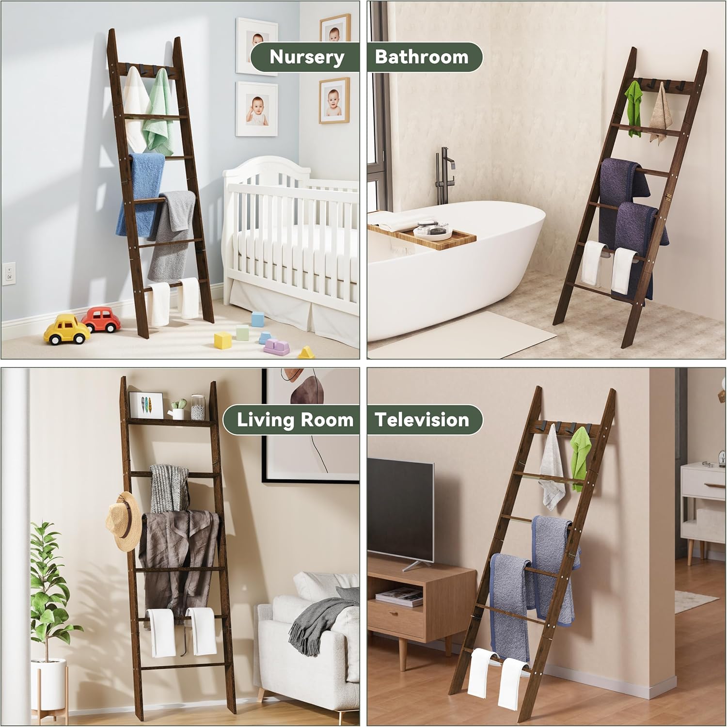6-Tier Blanket Ladder for Living Room, 5.6FT Pine Wood Quilt Rack with 4 Anti-Slip Straps and 4 Removable Hooks, Lightweight, Easy Assembly, Hinged Design, Farmhouse Decorative Shelf
