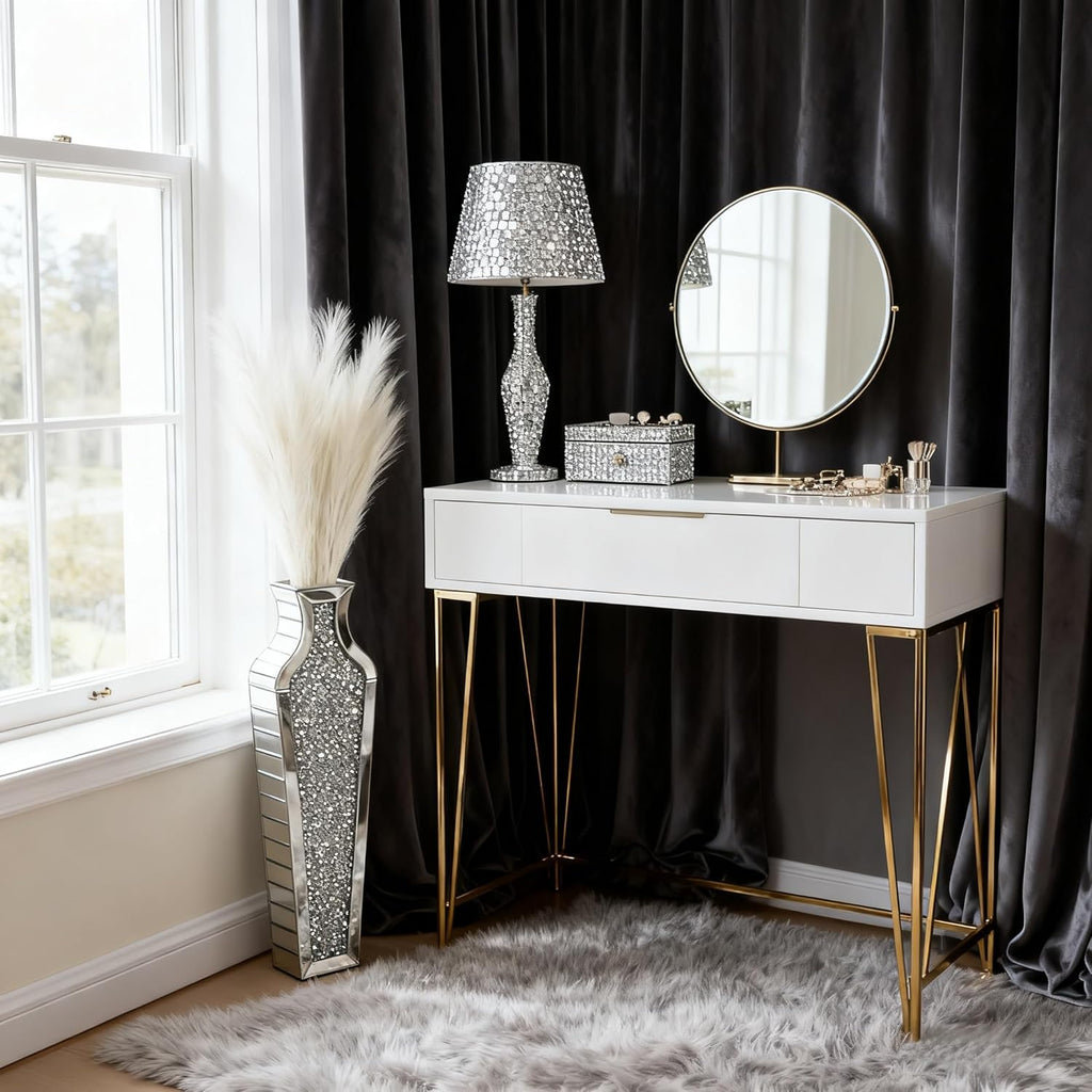 SHYFOY Crushed Diamond Floor Vase with Pampas Grass, Large Silver Mirror Tall Vases for Floor, Modern Luxury Glass Vases Home Decor for Living Room Bedroom Home Corner Indoor Office, 26.8" Tall