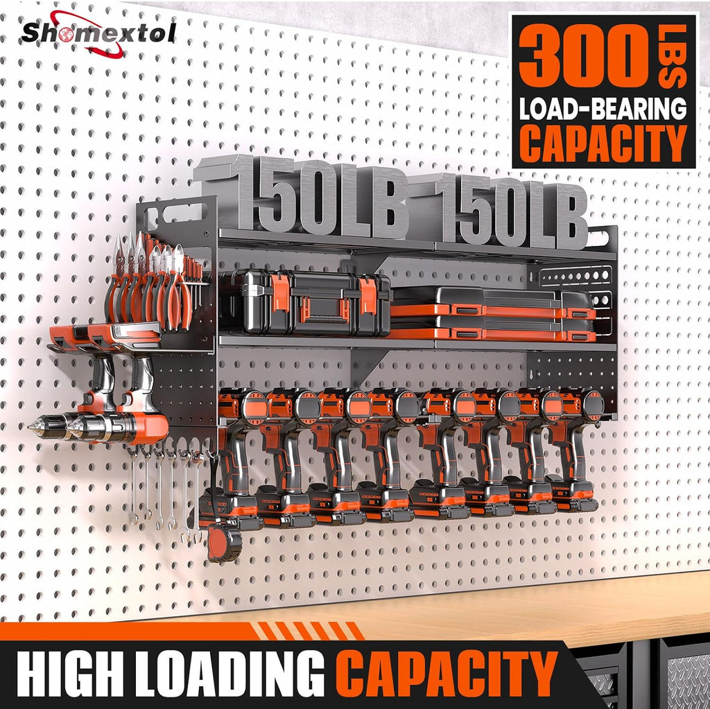 33" W Power Tool Organizer Wall Mount,Heavy Duty Cordless Tool Organizer with 10 Drill Holder, 300 Lbs Capacity 3-Layer Garage Organization for Garage and Workshop (Black)
