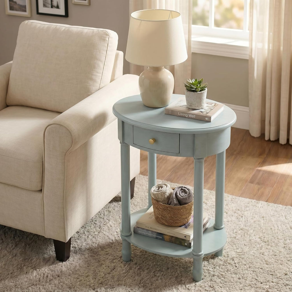 COZAYH French Country Oval End Table with 1 Small Drawer, Farmhouse Wood End Table with Additional Storage Shelf, Elegant Bedside Table for Small Spaces,Living Room,Bedroom, Light Green
