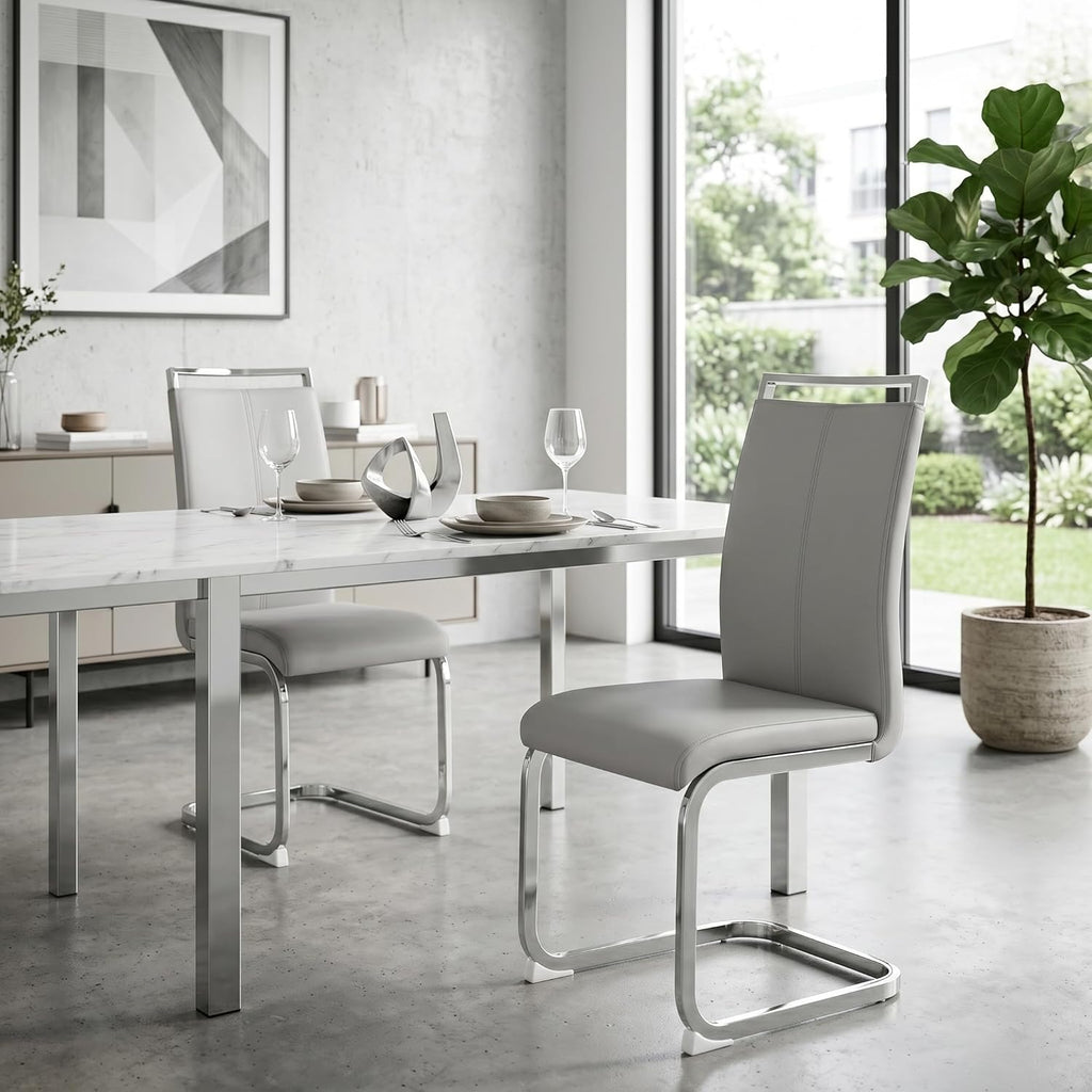 gopop Dining Chairs Set of 6, Faux Leather with Plated Chrome Metal Frame, Modern Kitchen Chairs with Padded Seat High Back for Dining Room, Kitchen, Living Room