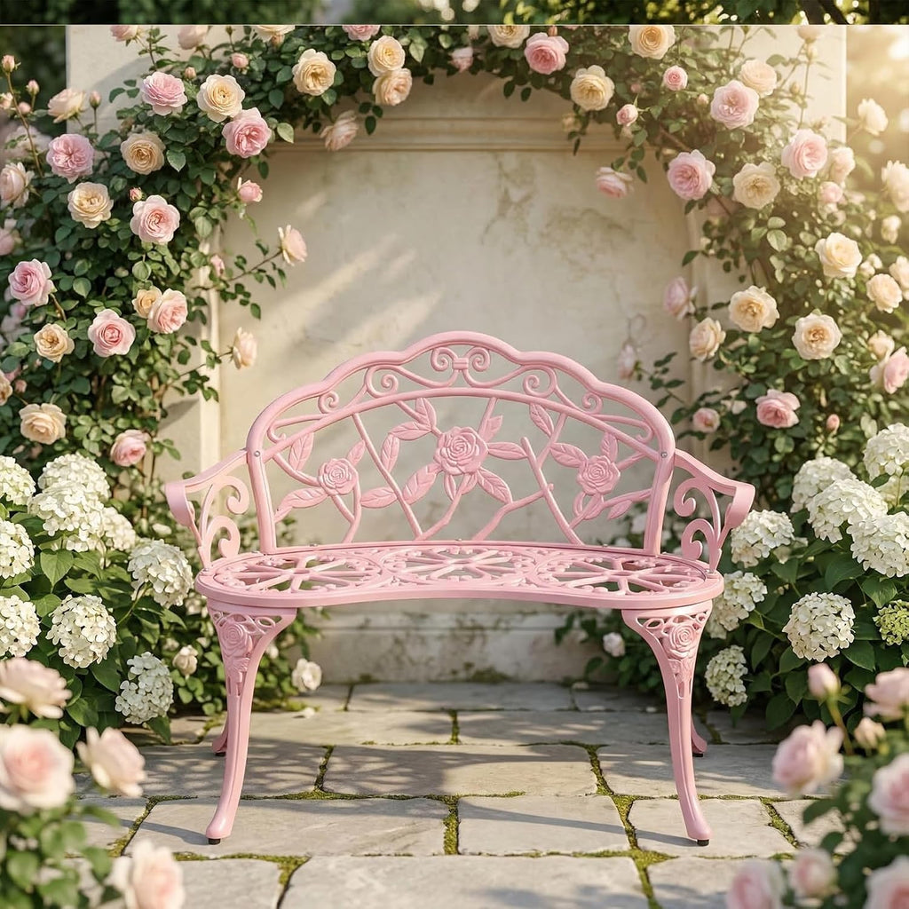 Cast Aluminium Outdoor Bench, Rose Garden Bench for Patio,Park,Lawn,Yard (Pink)