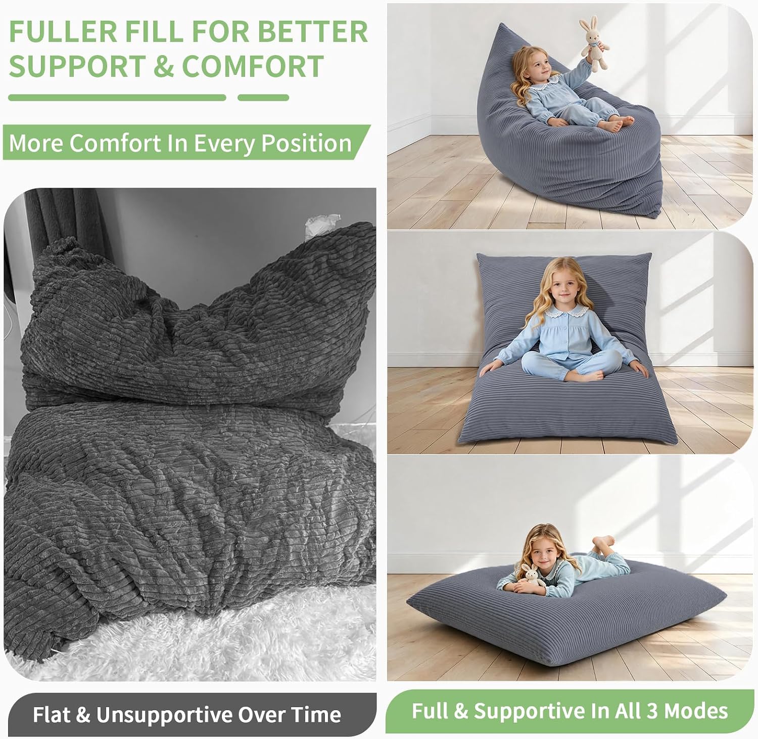 3-in-1 Kids Bean Bag Chair, Convertible Floor Cushion | Odor-Free Shredded Foam Resists Clumping, Removable Corduroy Cover, Cozy Lounge Seating for Bedrooms, Playrooms, Classrooms