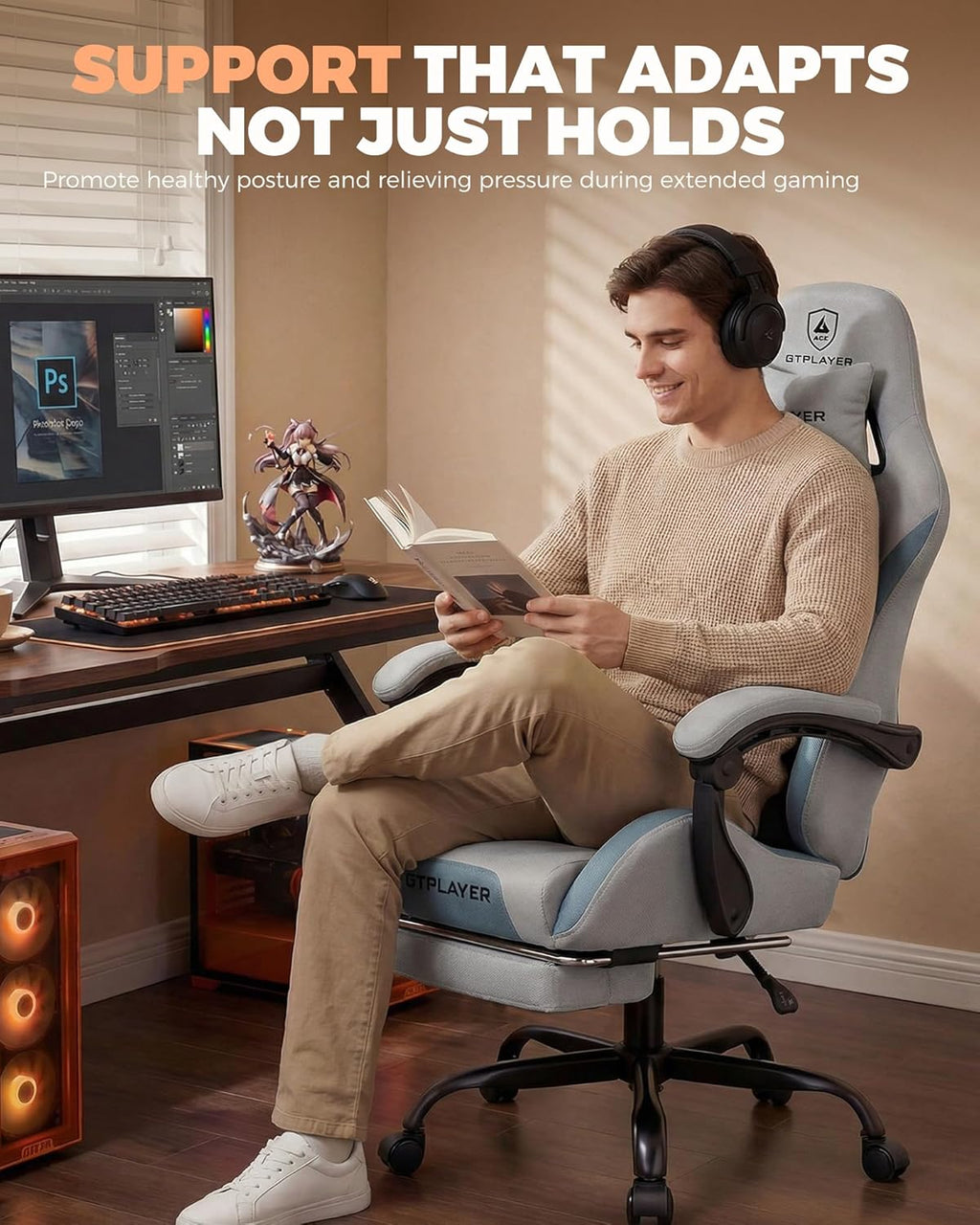 Gaming Chair with Foot Rest & Pocket Spring Cushion, Ergonomic High Back Computer Desk Chair with Headrest & Lumbar Support for Back Pain Relief, Breathable Fabric, Mist-Blue