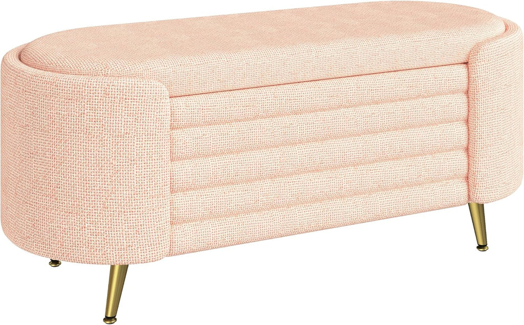 Modern Oval Chenille Storage Ottoman Bench, Green Upholstered Cushioned Storage Bench with Sturdy Metal Legs, Large Hidden Internal Storage, Multi-Functional End of Bed Shoe Bench