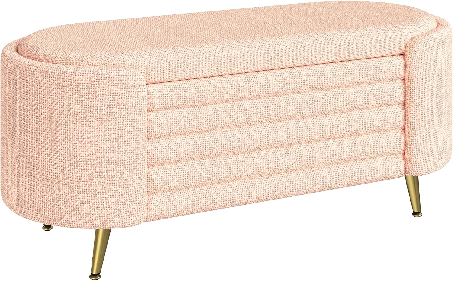 Modern Oval Chenille Storage Ottoman Bench, Green Upholstered Cushioned Storage Bench with Sturdy Metal Legs, Large Hidden Internal Storage, Multi-Functional End of Bed Shoe Bench