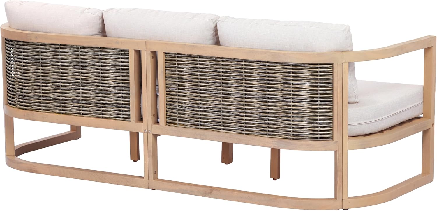 Christopher Knight Home Fido Acacia Wood Outdoor 3 Seater Sofa Cushion, Solid Wood Patio Sofa with Wicker Backrest, Comfy Lounge Sofa for Patio Furniture Set, Light Teak+Beige