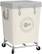 STORAGE MANIAC Commercial Laundry Hamper with Heavy Duty Steel Frame, 160 L Industrial Laundry Basket Cart with Wheels for Hotel, Home, Laundry Room, 18''L x 18''W x 31''H, Medium Beige