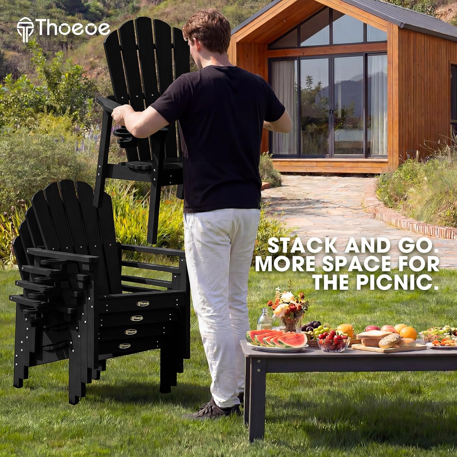 THOEOE Stackable Adirondack Chair Set of 4, HDPE All-Weather Adirondack Chairs - Durable and Space Saving, Plastic Outdoor Fire Pit Chairs with Cup Holder,Black