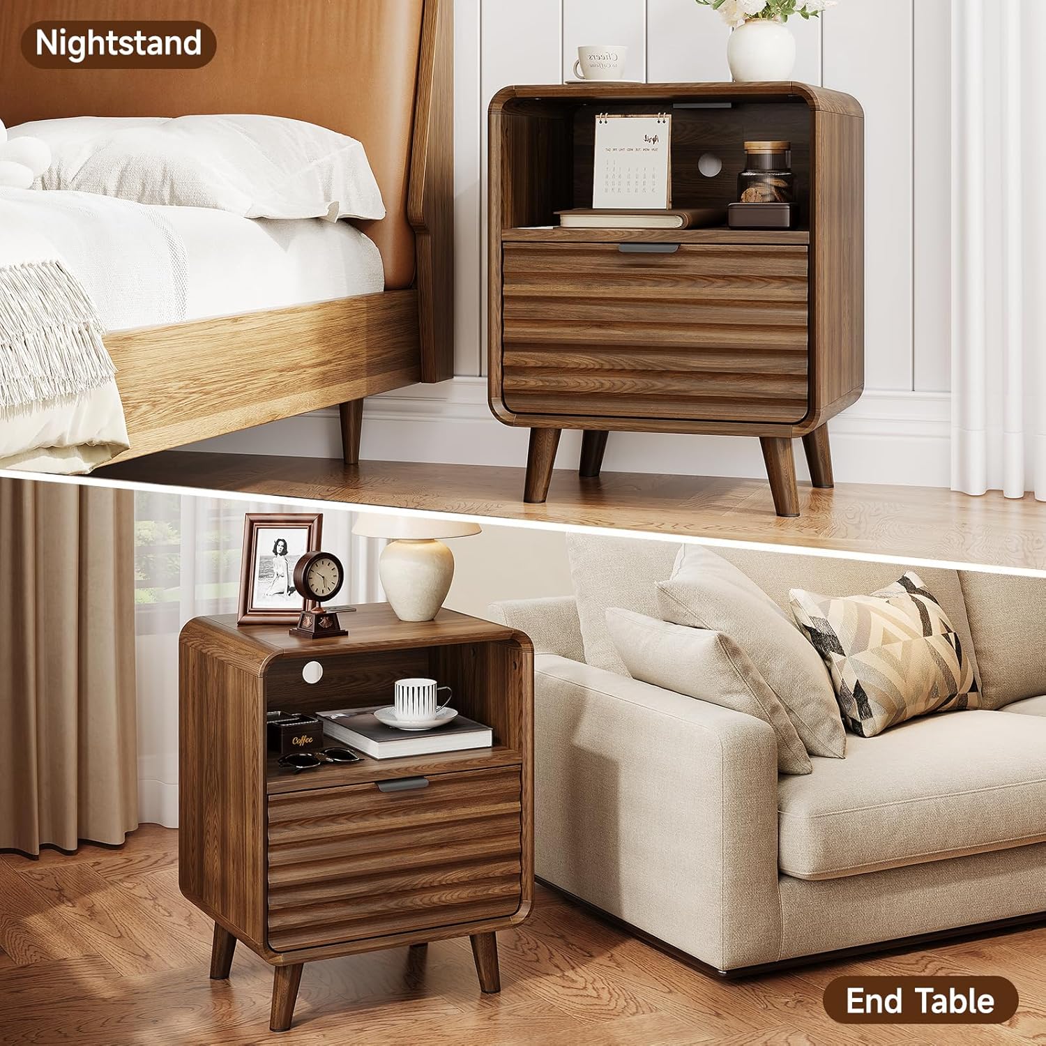 ONBRILL 19.7'' Wide End Table with Charging Station,Fluted Accent Side Table with Drawer & Open Cubby Storage,Mid Century Nightstand for Bedroom,Living Room,Walnut