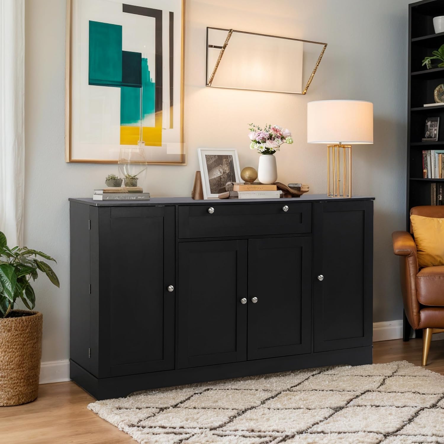MAGIC UNION 54" Modern Buffet Cabinet with Storage, Wood Sideboard Cabinets with Drawer, Coffee Bar Cabinet with Doors and Adjustable Shelves, Kitchen Pantry Storage Cabinets for Living Room (Black)