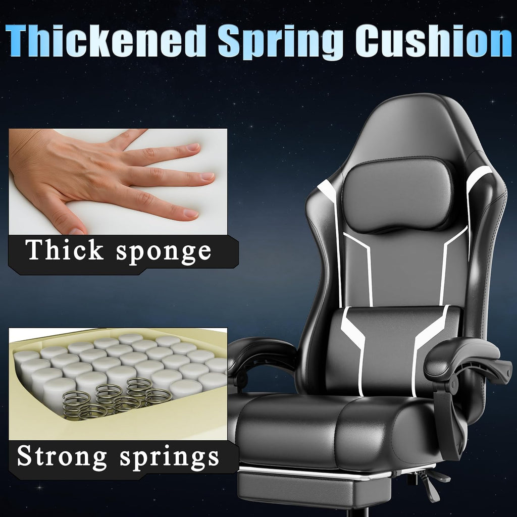 Ergonomic Gaming Chair, Video Game Chair with Pocket Spring Cushion and Footrest, Height Adjustable Computer Chair with Swivel Seat and Headrest (White)