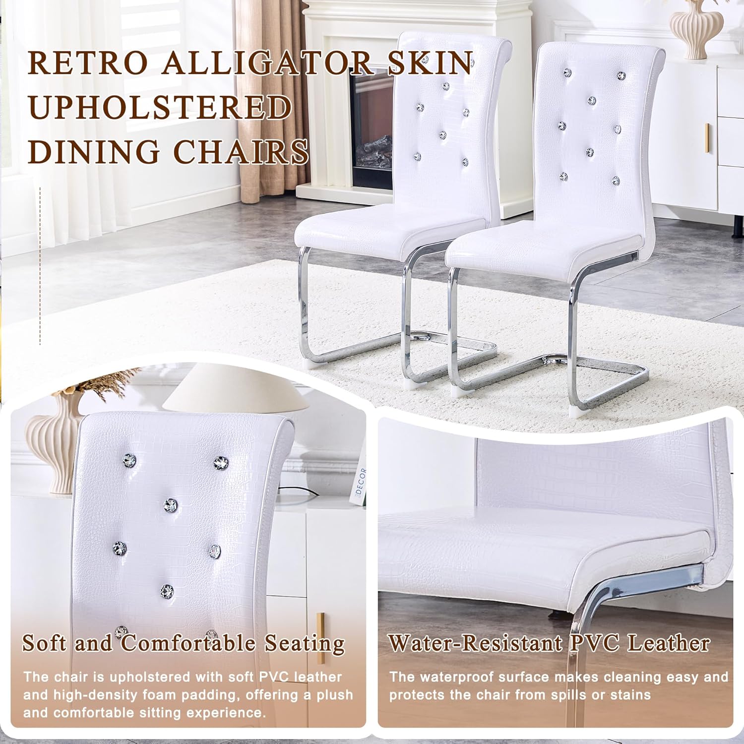 Dining Table Set for 6, Kitchen Table Chairs Set of 6, Modern Dining Room Set 63'' Marble Dinner Table PU Leather Upholstered Chairs for Kitchen (White-cro)