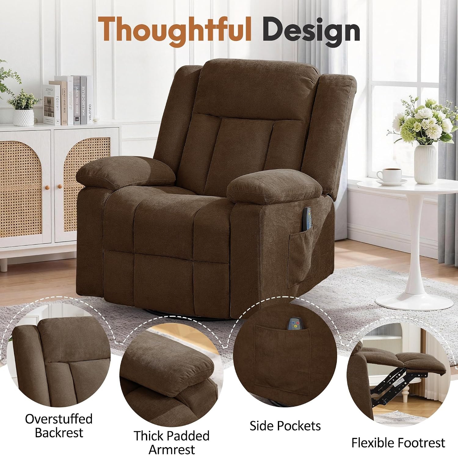 Korser Rocker Recliner Chair for Adults, 360° Swivel Rocker Recliner with Massage and Heating, Nursery Rocking Chairs with Side Pockets, Manual Reclining Chair for Living Room