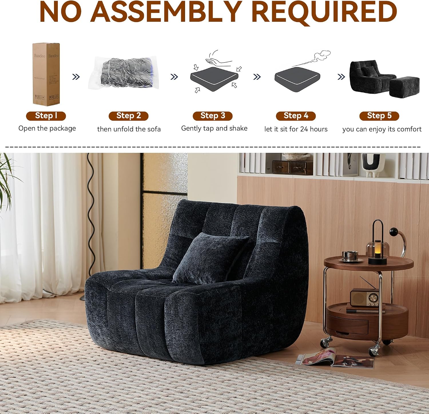 Bean Bag Chair With Footrest,Integrated Sponge Lounge Chair,Comfortable Bean Bag Sofa with Backrest, Faux FurBeanBagChair forAdultsandKids, Ideal for Bedrooms,Living Rooms,and Apartments(Black)