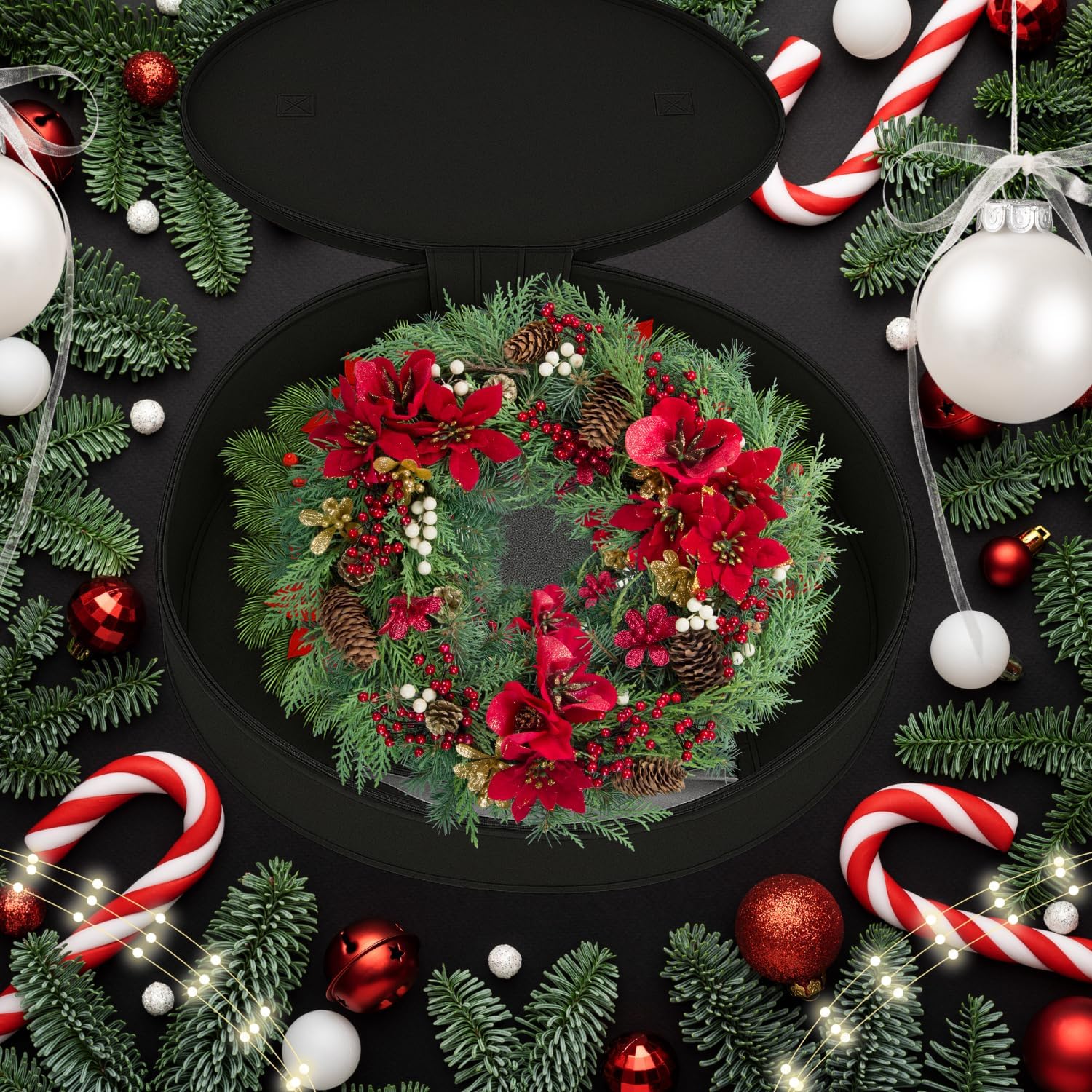 Christmas Wreath Storage Bag,Collapsible Felt Holiday Garland Container with Zipper & Handle, Durable Wreath Organizer Bin for Seasonal Decor Storage 20 x 12 (Black, 12 x 20)
