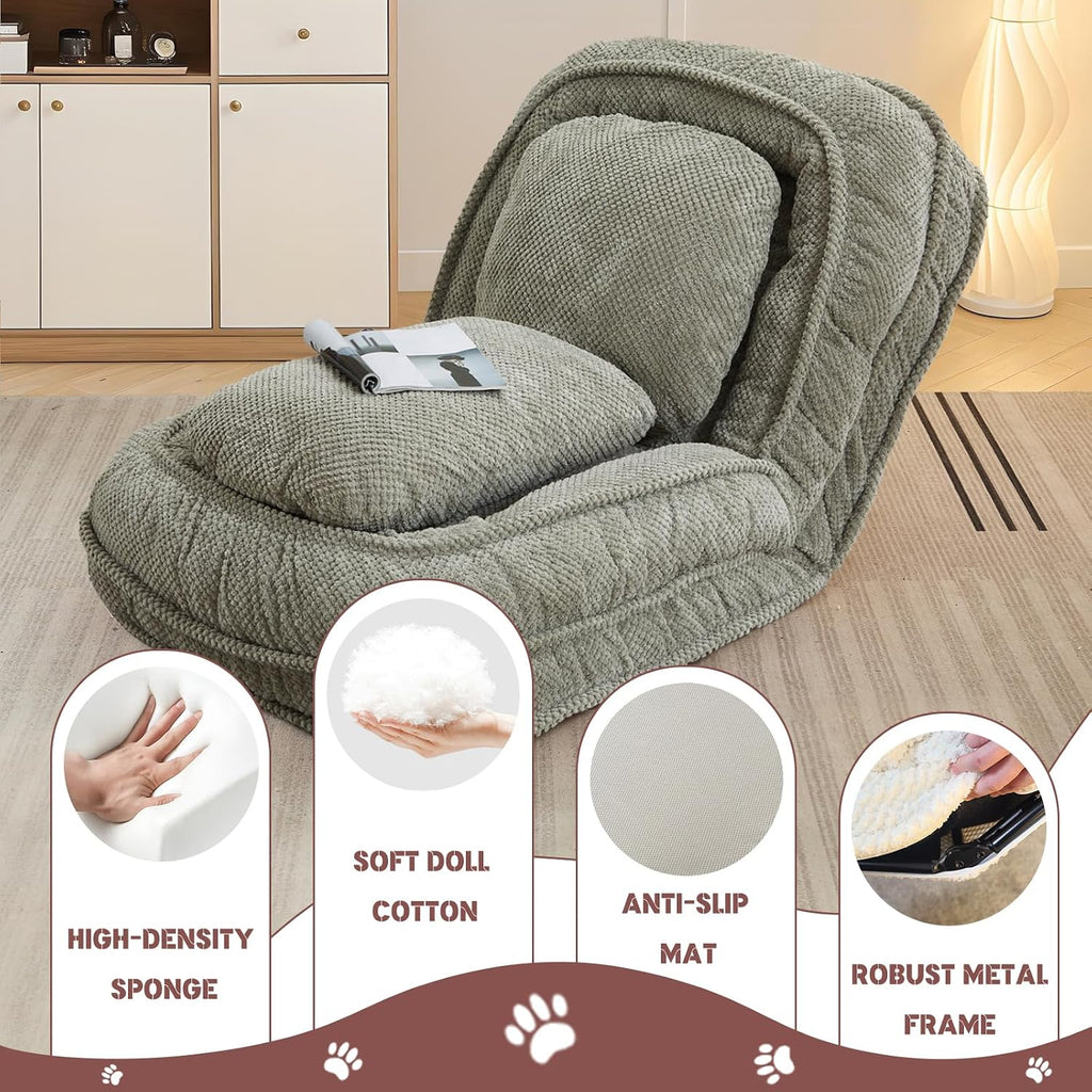 Upholstered Human Dog Bed for Adult & Pets, Convertible Lazy Sofa Bed with 5 Adjustable Position, Comfy Tatami Bean Bag Lounge Chair with 2 Soft Pillows for Bedroom Living Room Office (Green)