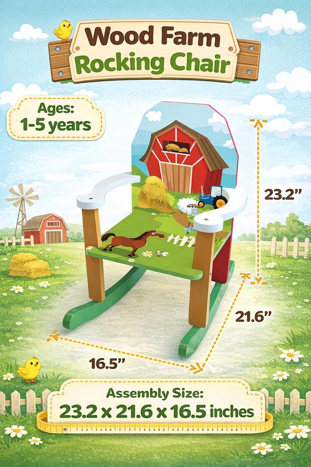 Homeware Kids’ Wooden Farm Rocking Chair – Toddler Rocker with Colorful Barnyard Animals – Sturdy Wood Rocker for Ages 1–5, Perfect for Nursery, Bedroom, or Playroom – Easy Adult Assembly