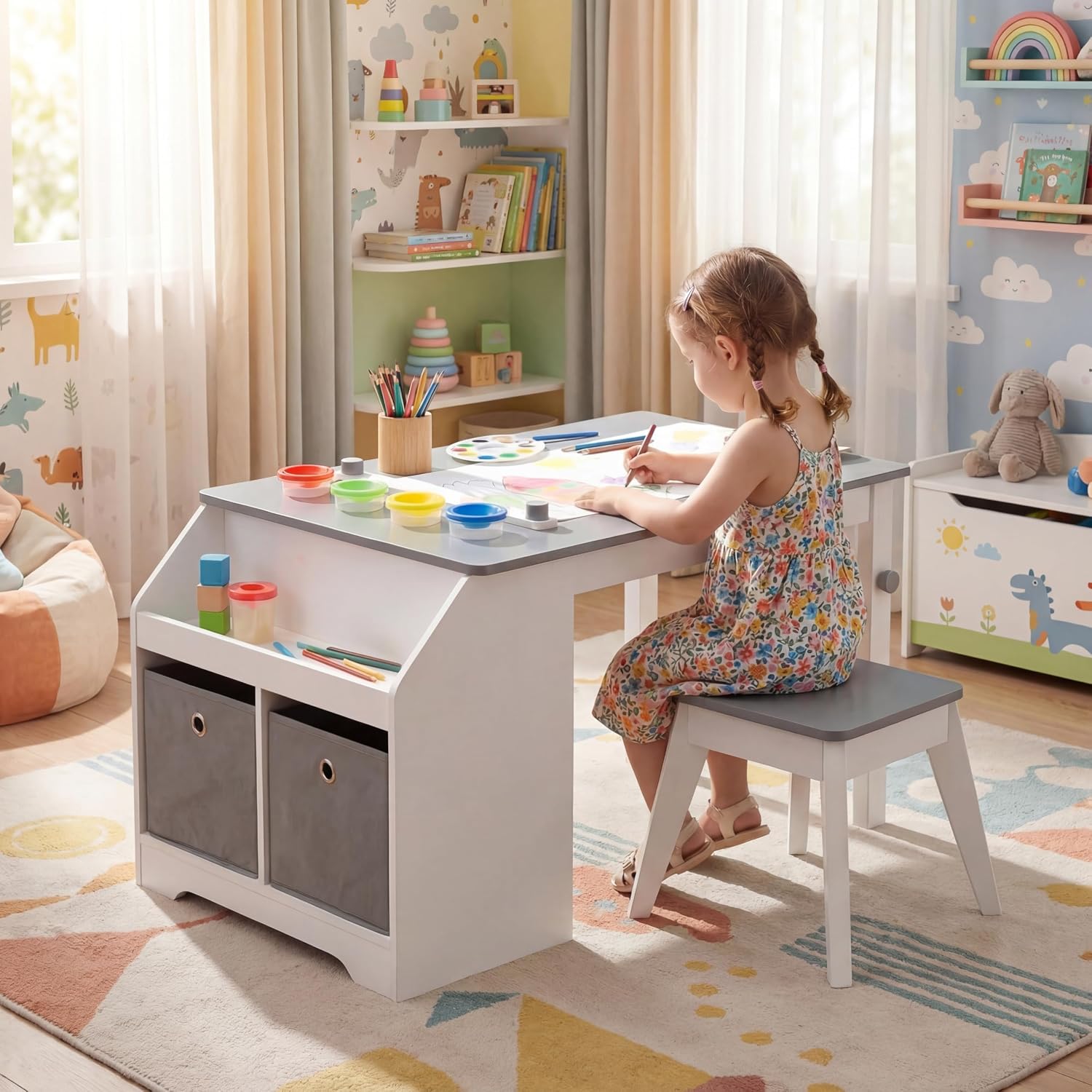 GLACER Kids Art Table and Chairs, Wooden Toddler Craft Table with Paper Roll & 4 Paint Cups, Activity Desk with Storage Shelves and 2 Fabric Bins, Art Station for Playroom, Nursery