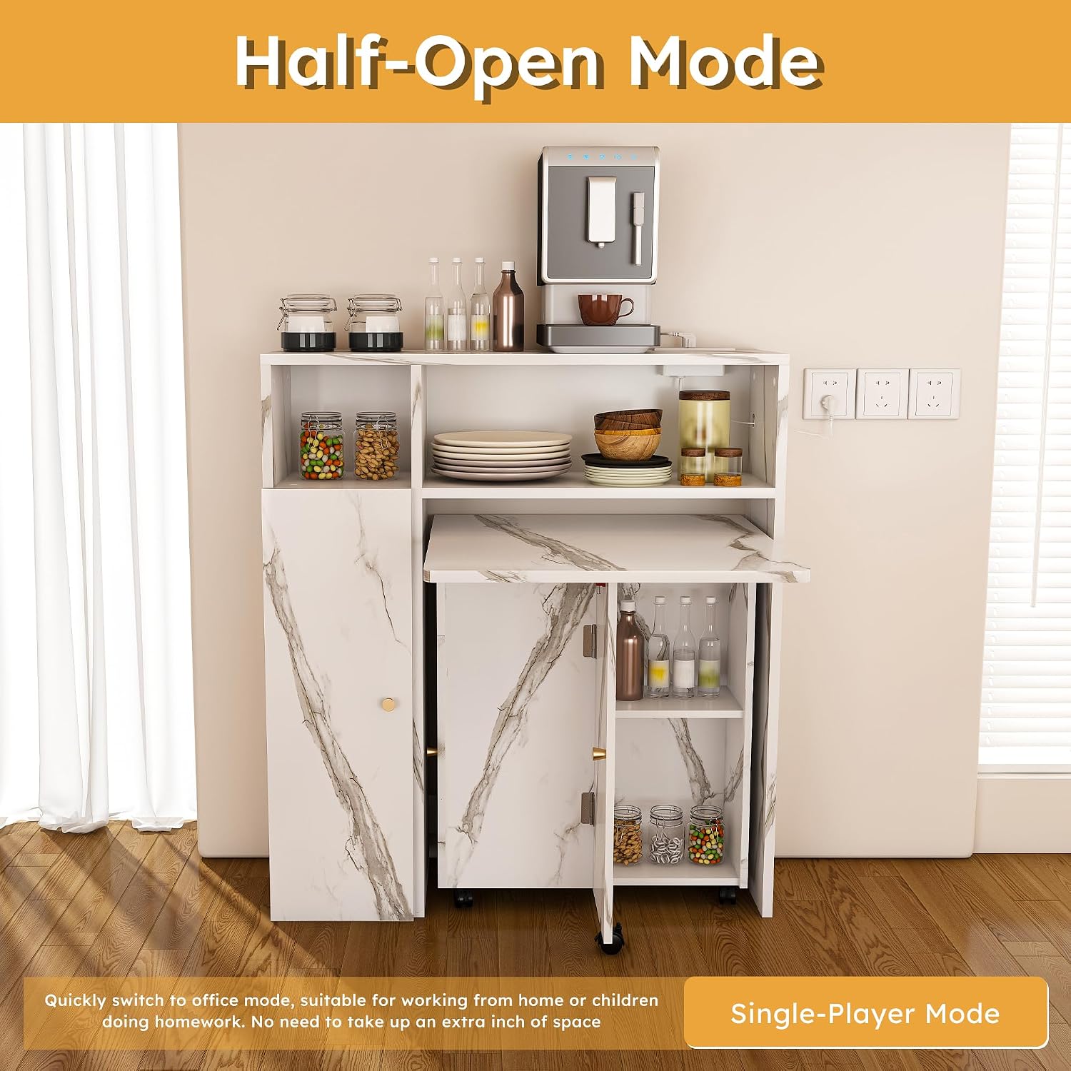 Multifunctional Folding Dining Table with Wall-Mounted Sideboard & Storage, 37.4" Folding Kitchen Island with Wheels, Modern Movable Kitchen Extendable Versatile Table for Small Space White