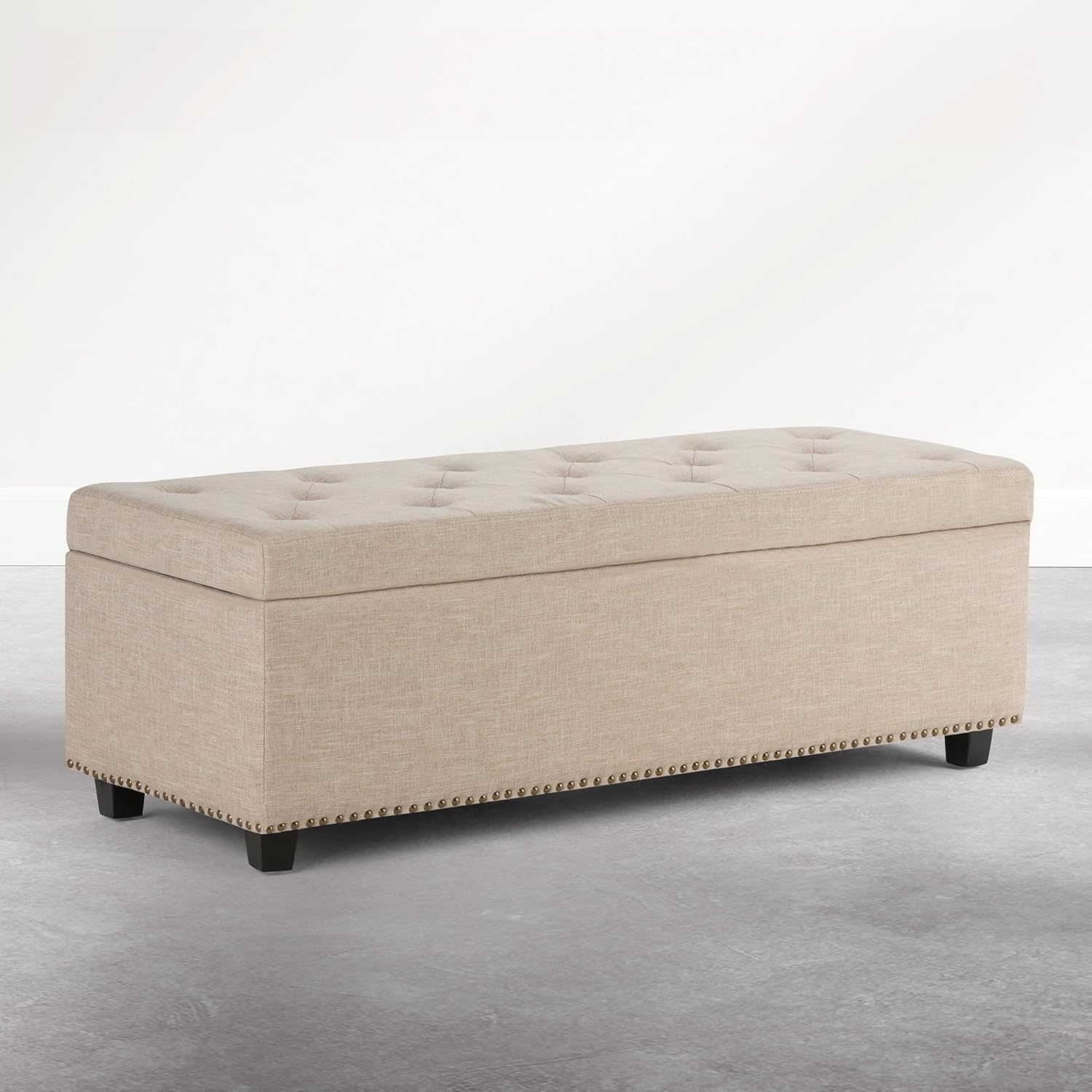 SIMPLIHOME Hamilton Storage Ottoman - 48 in Wide Upholstered Linen Look Fabric Rectangle Storage Ottoman Bench in Natural Beige, Traditional Tufted Ottoman for Living Room or Entryway with Lift-Up Lid
