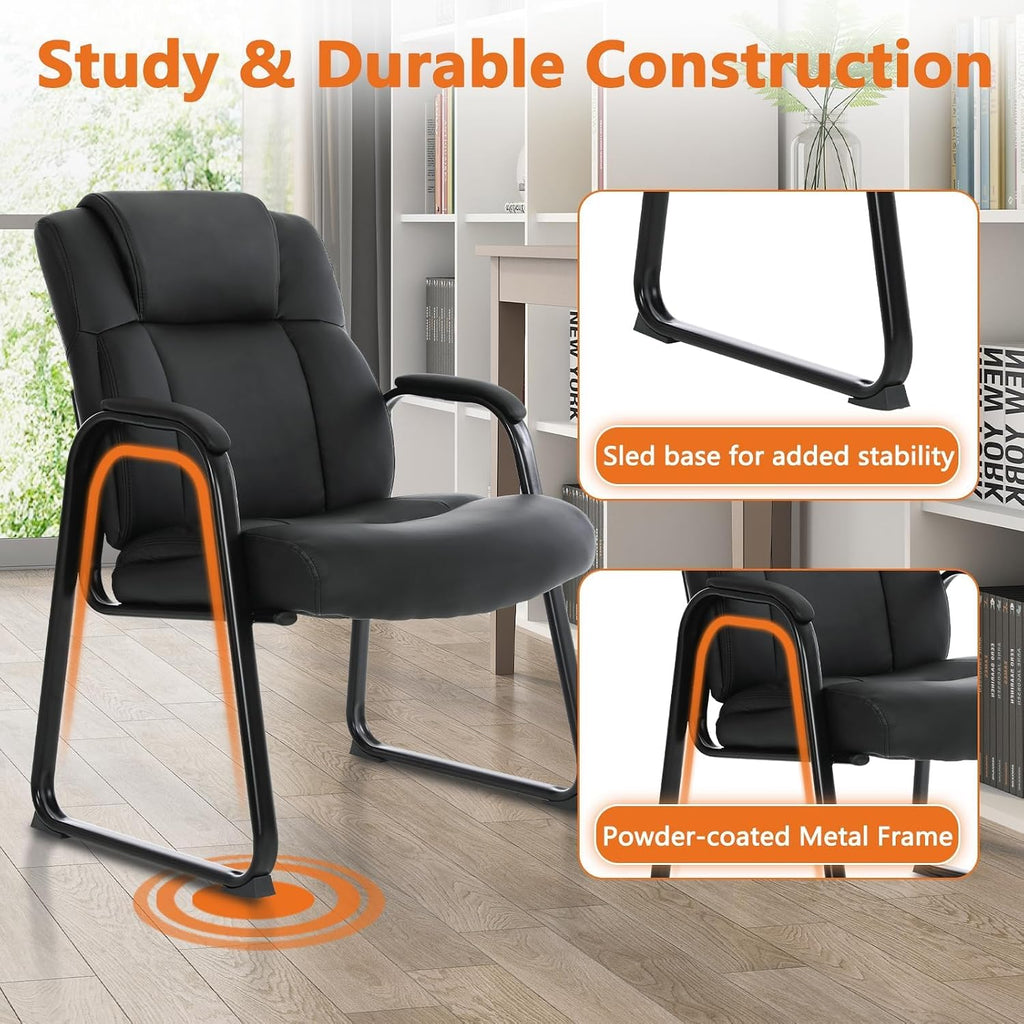 CLATINA Big and Tall Office Chair Set of 8 500lbs Leather Reception Chair with Bonded Padded Armrest Wide Seat Sled Base Desk Chair No Wheels for Reception Conference Waiting Room Side Office, Black