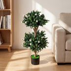 Goplus 3 FT Artificial Double Ball Boxwood Topiary Trees, Set of 2 Faux Bush Plant w/41 Blossoms, Cement-Filled Plastic Pot, Sun-Proof Indoor Outdoor Fake Greenery for Porch Home Decoration (White)
