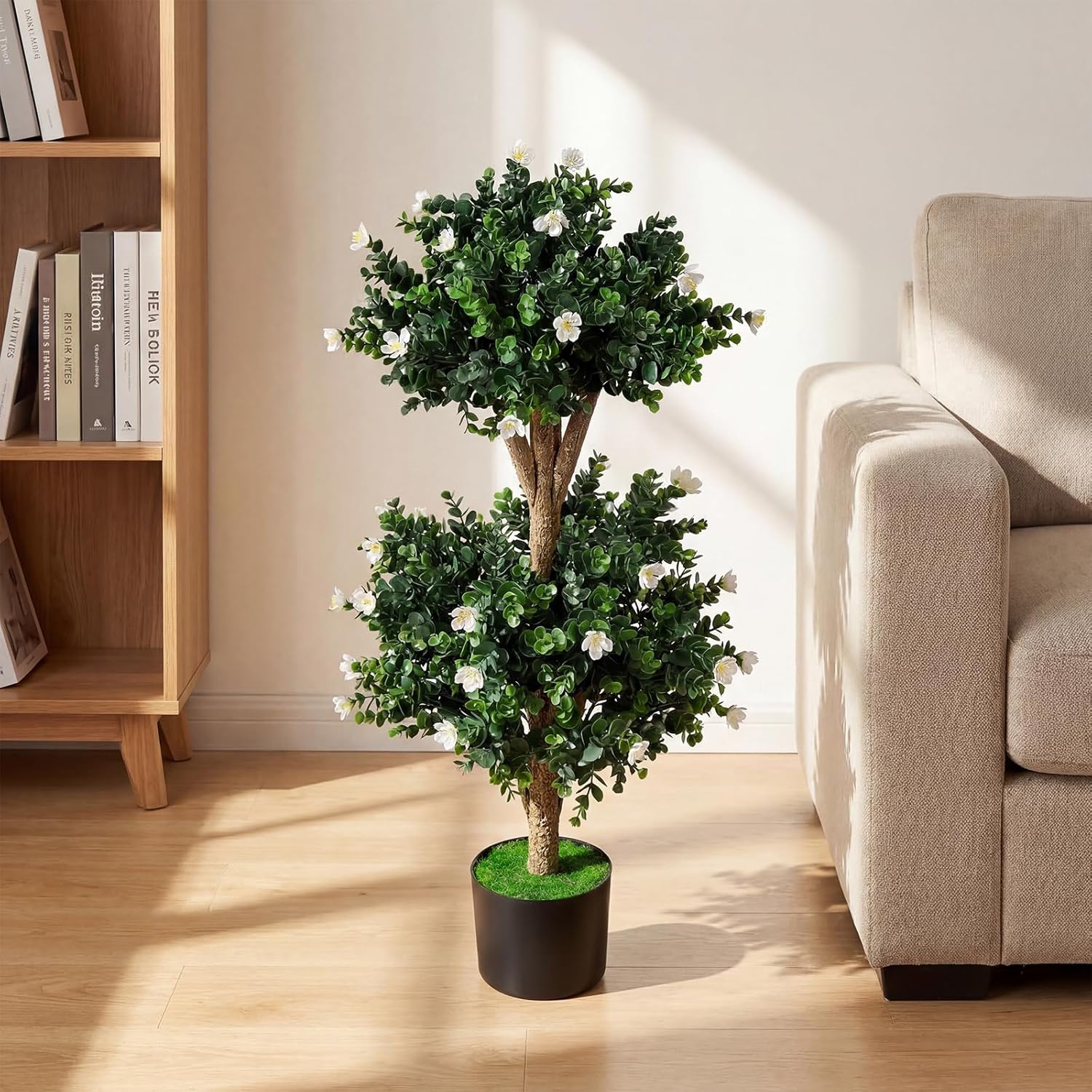Goplus 3 FT Artificial Double Ball Boxwood Topiary Trees, Set of 2 Faux Bush Plant w/41 Blossoms, Cement-Filled Plastic Pot, Sun-Proof Indoor Outdoor Fake Greenery for Porch Home Decoration (White)