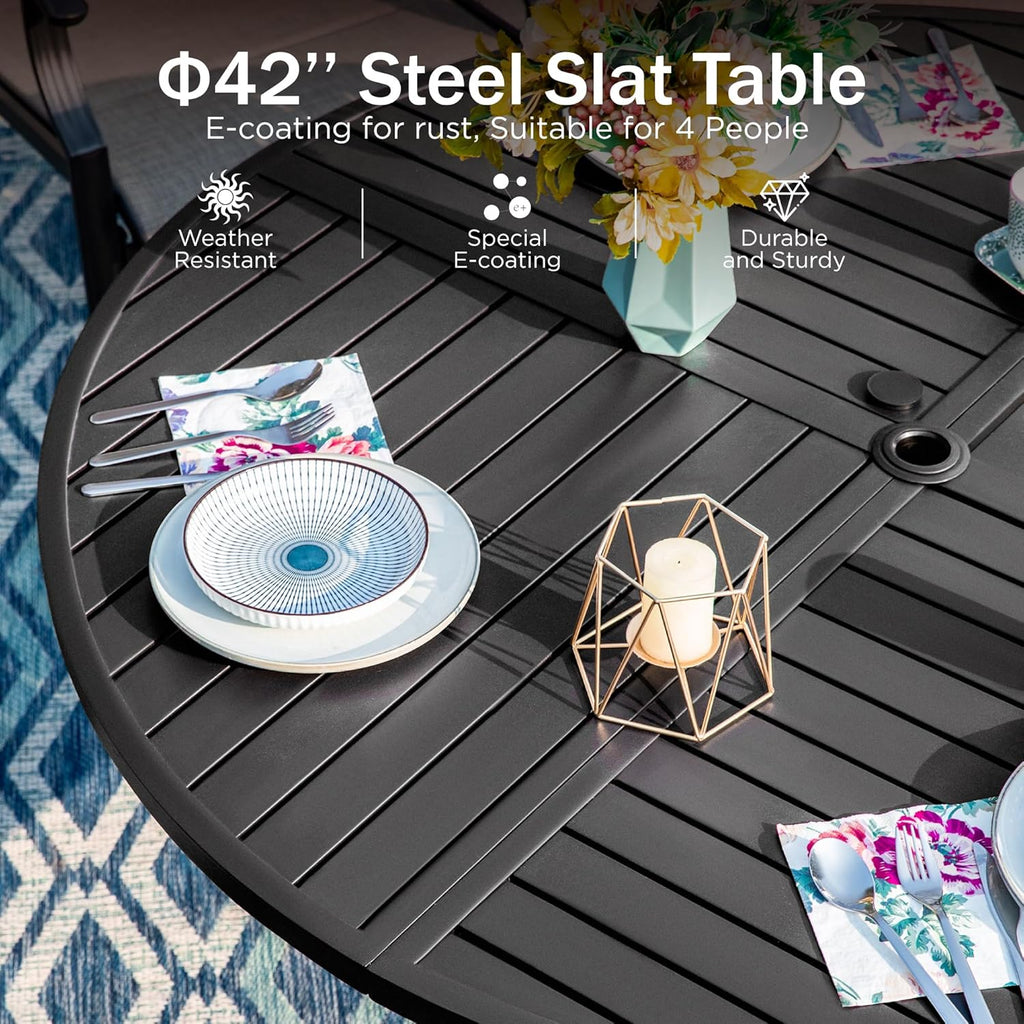 PHI VILLA Patio Round Table w/Umbrella Hole, Metal Table for 4, Black | 42" wrought iron dining table. Slatted top design, weather resistant. Perfect for outdoor deck, porch, backyard.