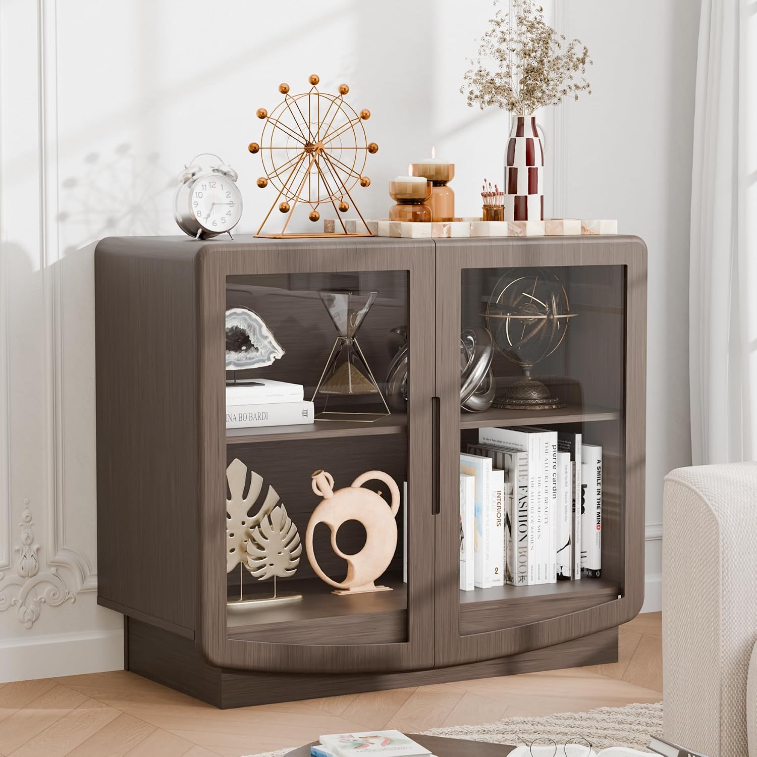 35" Sideboard Buffet Cabinet with Storage, Walnut Glass 2-Door Cabinet with Shelves, Modern Coffee Bar Credenza for Entryway, Kitchen & Living Room
