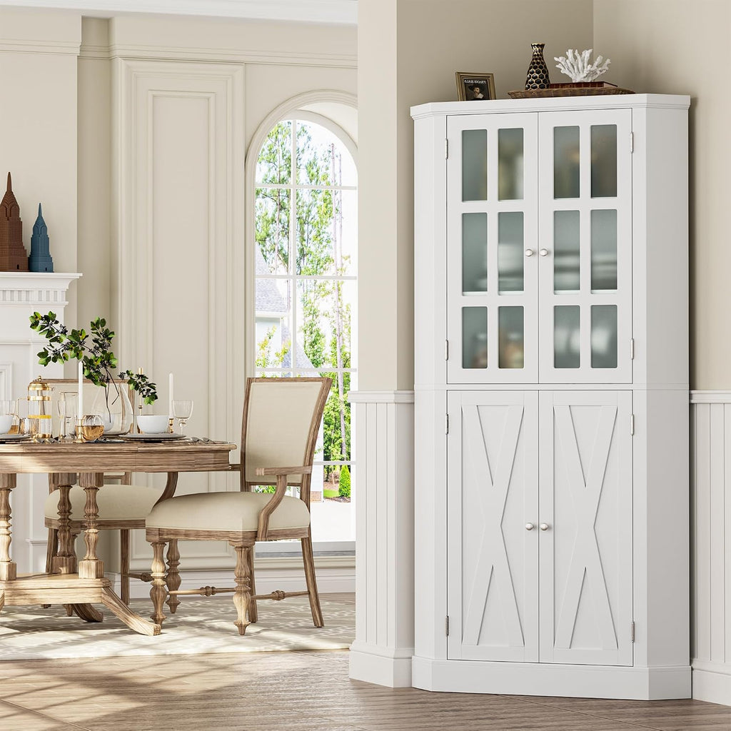 BOTLOG 67" Corner Cabinet, Corner Kitchen Pantry with Doors, Farmhouse Kitchen Cabinet with 6 Storage Shelves, Space Saver for Bathroom, Living Dining Room, White