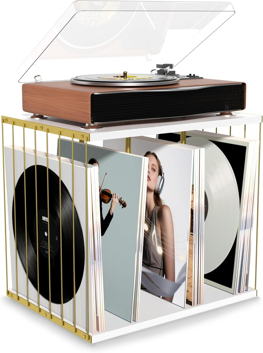 Emfogo Vinyl Record Storage, Metal & Wooden Vinyl Record Holder Up to 80 Album, 3-Compartment Record Player Stand for Magazine, Book, Files, Albums (White)