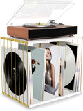 Emfogo Vinyl Record Storage, Metal & Wooden Vinyl Record Holder Up to 80 Album, 3-Compartment Record Player Stand for Magazine, Book, Files, Albums (White)