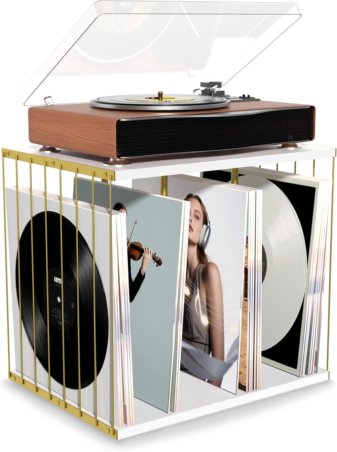 Emfogo Vinyl Record Storage, Metal & Wooden Vinyl Record Holder Up to 80 Album, 3-Compartment Record Player Stand for Magazine, Book, Files, Albums (White)