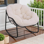 Indoor Rocking Chair, Oversized Outdoor Lounge Chair with Thick Corduroy Cushion & Straps, Wicker Modern Comfy Rocker Egg Chair for Living Room, Bedroom, Porch and Courtyard, Beige