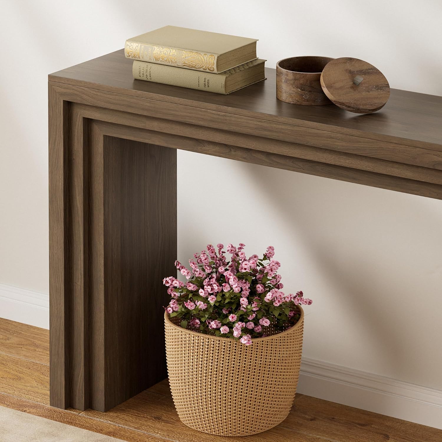 Lulive Console Table for Entryway, 43 Inch Step Design Sofa Table | 11.8"D step console supports up to 110 lb, with anti-tip kit and labeled parts for about 40-minute assembly.