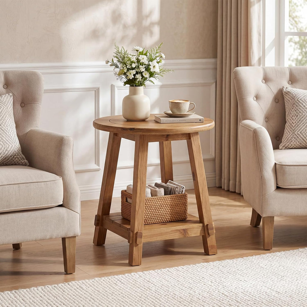 LITTLE TREE End Table for Living Room, 2-Tier Sofa Couch Table with Storage, Farmhouse Small Solid Wood End Table, Sofa Side Table for Living Room, Bedroom and Balcony (23.62" W x 25.98" H)