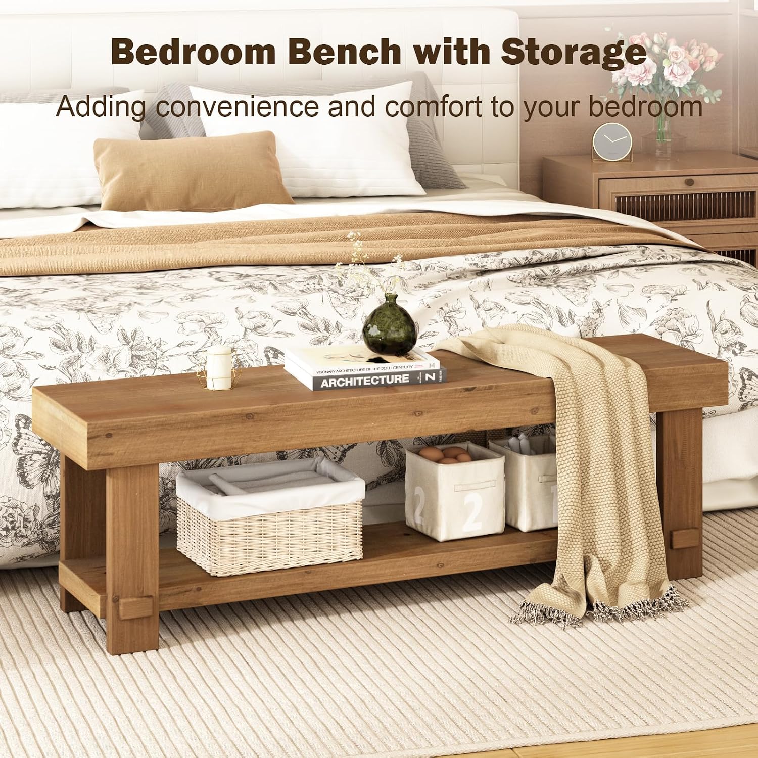 HOKYHOKY 51.2" Long Solid Wood Bench Farmhouse Entryway Bench, End of Bed Storage Benches Narrow Seat Accent Benches for Indoor, Entryway, Dining Room, Living Room, Bedroom and Hallway, Natural