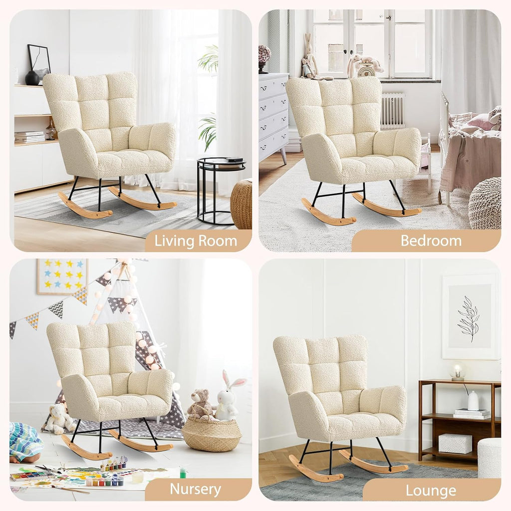 Furniliving Nursery Rocking Chair Upholstered Glider Rocking Chair Modern Accent Chair Padded Seat Reading Chair with High Backrest Comfy Chair for Living Room, Bedroom, Nursery, White, Teddy
