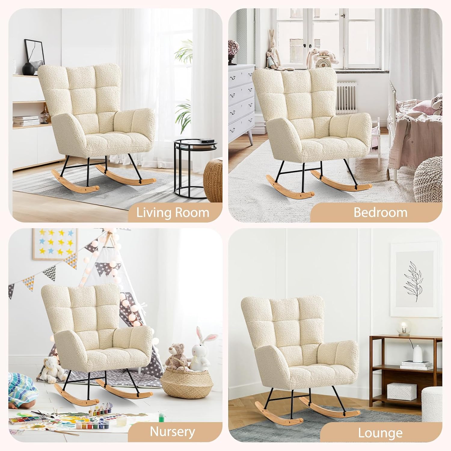 Furniliving Nursery Rocking Chair Upholstered Glider Rocking Chair Modern Accent Chair Padded Seat Reading Chair with High Backrest Comfy Chair for Living Room, Bedroom, Nursery, White, Teddy