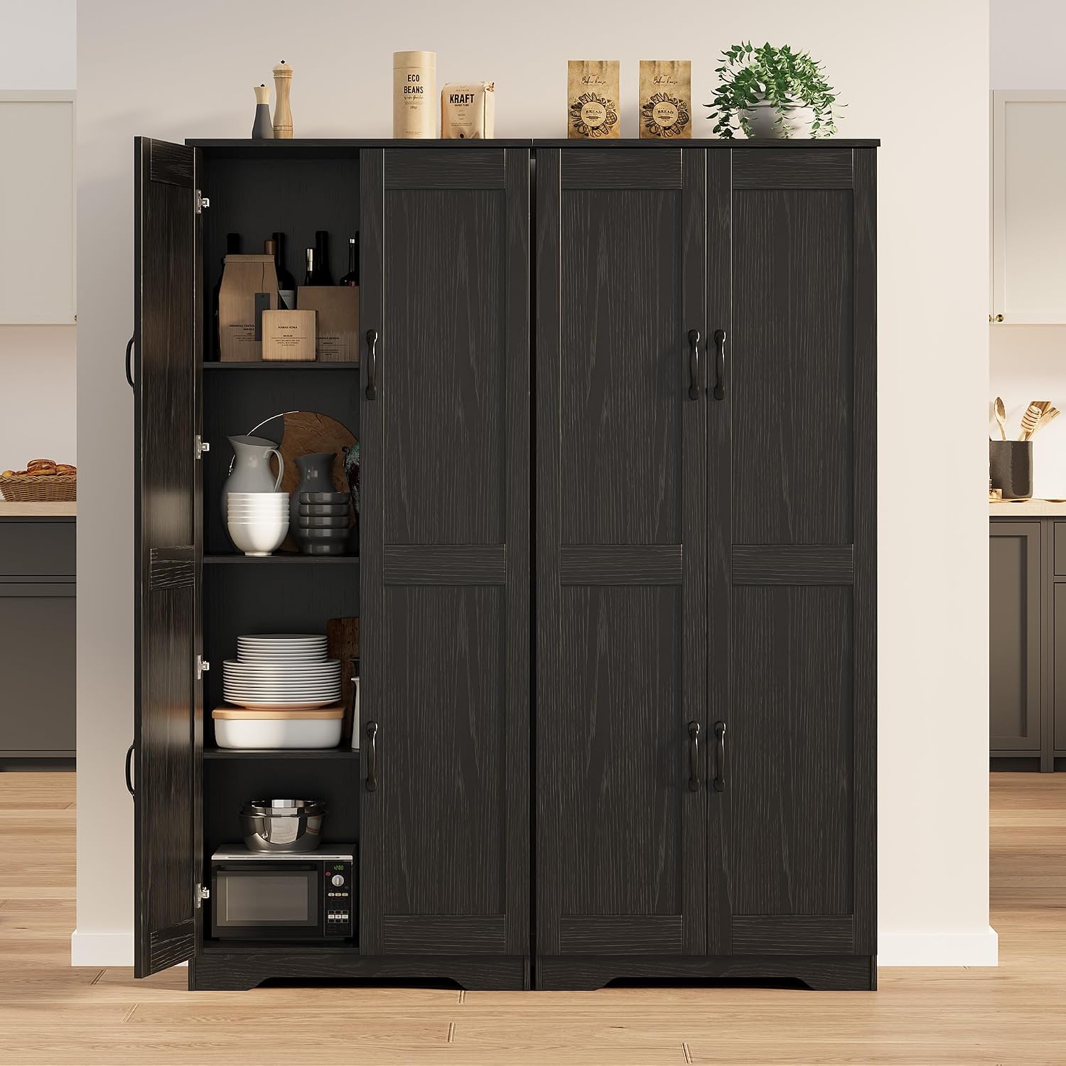 GarveeLife Tall Pantry Cabinet with Adjustable Shelves, 60" Freestanding Kitchen Pantry Storage Cabinet with Anti-Tip Device, MDF Cupboard for Kitchen, Bathroom, Living Room, Black