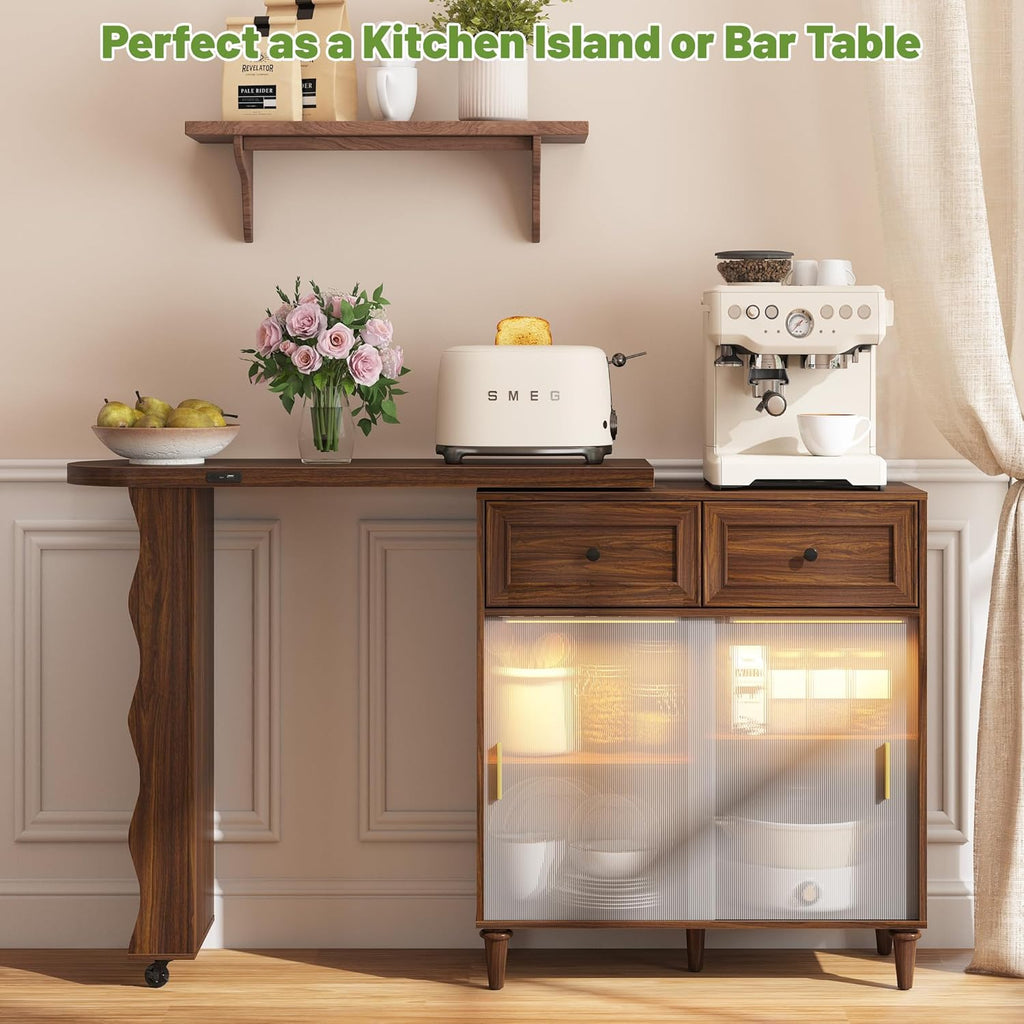 69" Kitchen Island with 360° Rotating Table, Bluetooth Speakers, LED Lighting, Adjustable Shelves, Storage Cabinet & Power Outlet – Walnut Finish Extendable Dining Table for Kitchen, Dining Room, Bar