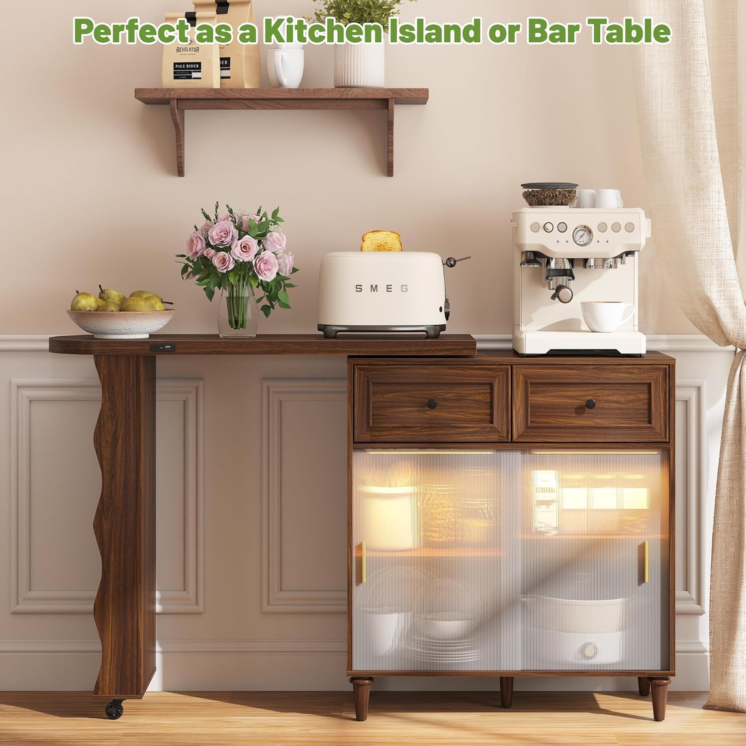 69" Kitchen Island with 360° Rotating Table, Bluetooth Speakers, LED Lighting, Adjustable Shelves, Storage Cabinet & Power Outlet – Walnut Finish Extendable Dining Table for Kitchen, Dining Room, Bar