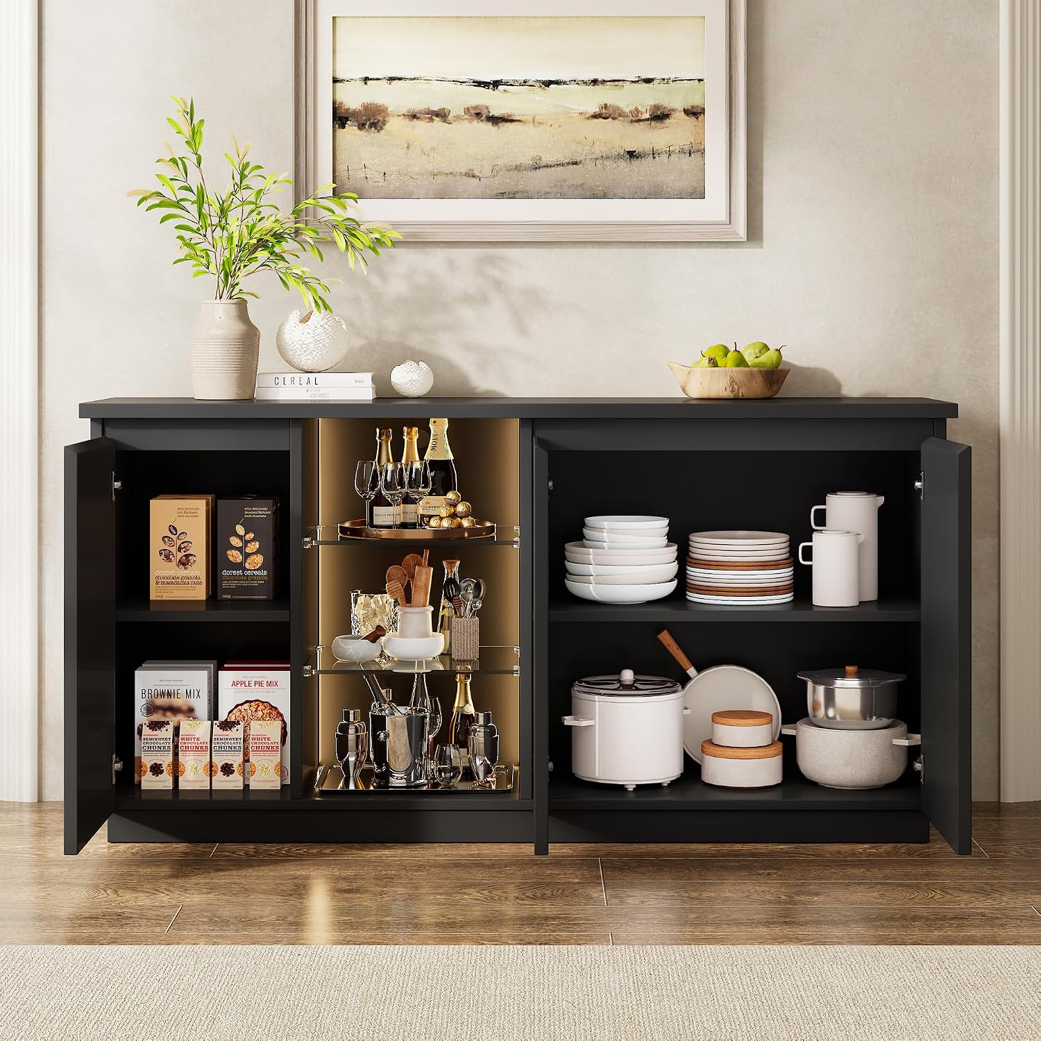 iPormis Sideboard Buffet Cabinet with Storage & LED Lights, Modern Credenza Sideboard With Doors and Adjustable Shelves, 60" Coffee Bar Table Storage Cabinet for Dining Room Kitchen Living Room, Black