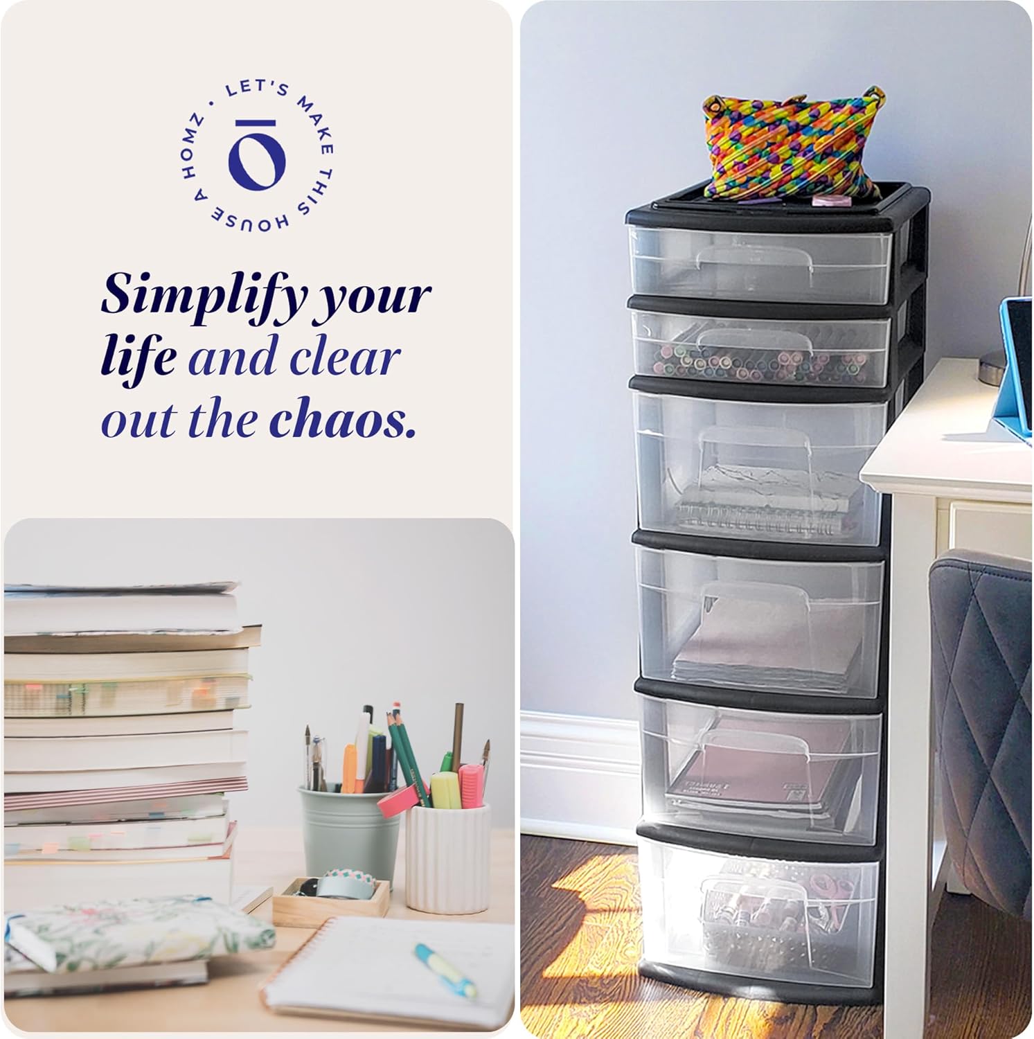 HOMZ Drawer Tower, 6-Tier Clear Plastic Storage Organizer Cart, Black Frame - Heavy-Duty Organizing Drawers for Home, Bedroom, and Closet Organization