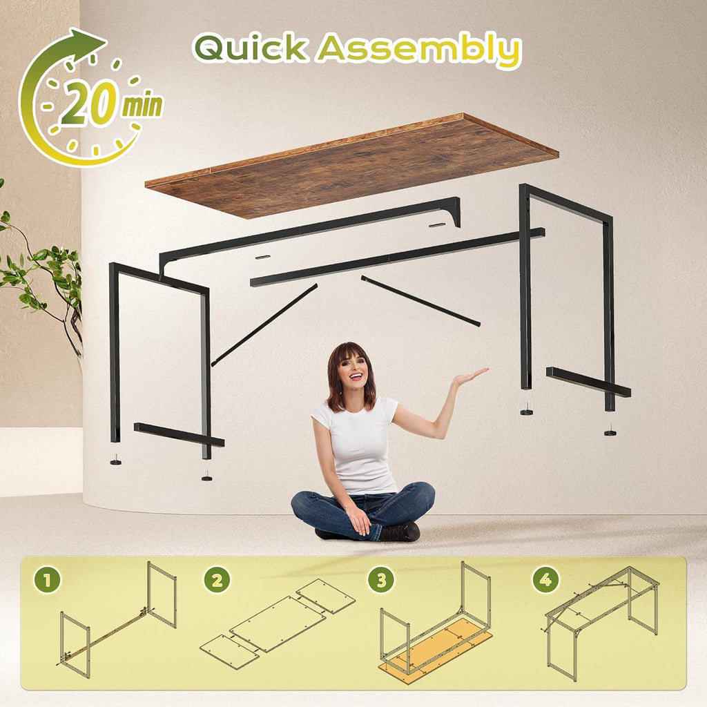 PRAISUN 55 Inch Computer Desk, Home Office Desk with Spacious Desktop, Modern Gaming Desk, Writing Study Table for Bedroom, Small Spaces, Work from Home Desk with Metal Frame, Rustic Brown